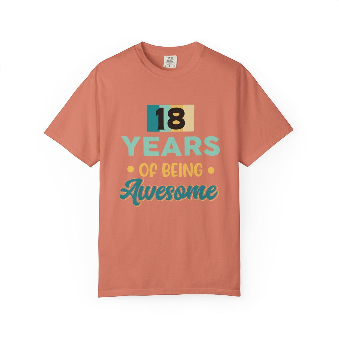 Sea Dragon Dreams unisex 18th birthday t-shirt in terracotta cotton with retro 18 Years Of Being Awesome graphic print.