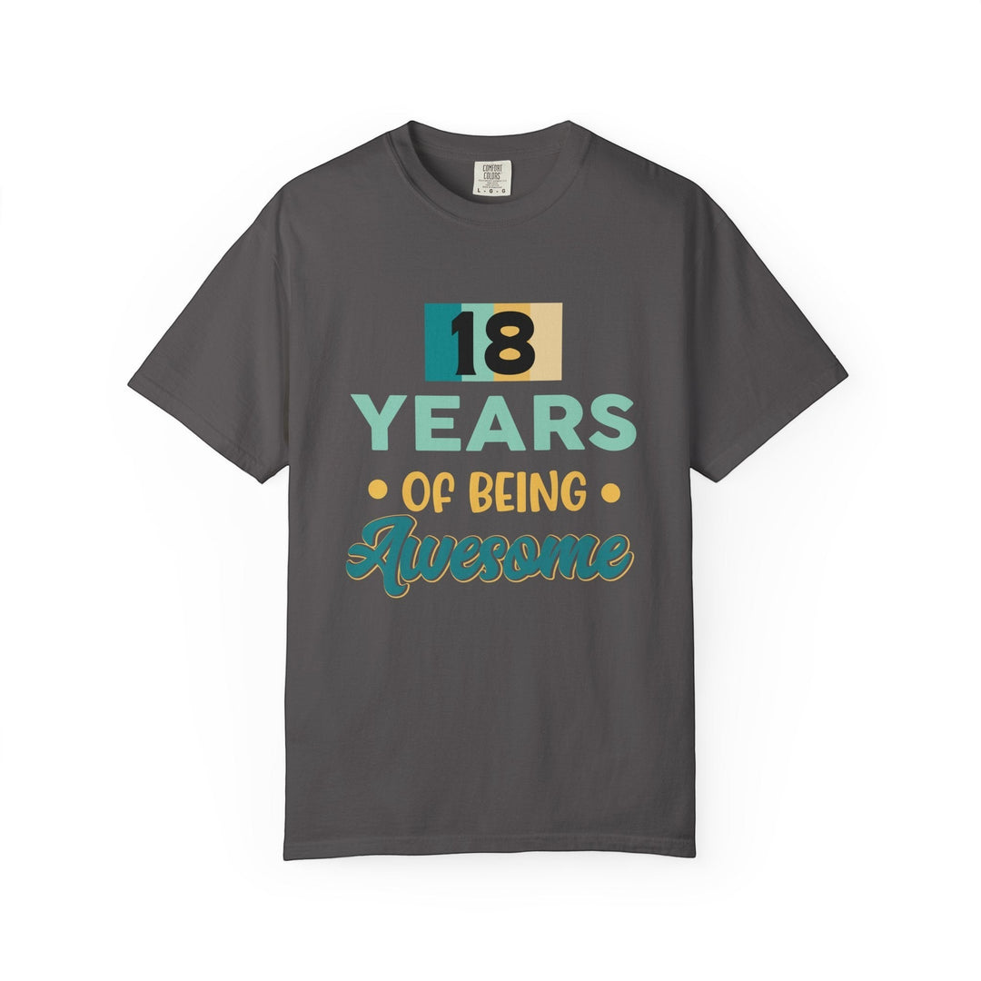 Sea Dragon Dreams unisex 18th birthday t-shirt in charcoal grey cotton with retro 18 years of being awesome graphic