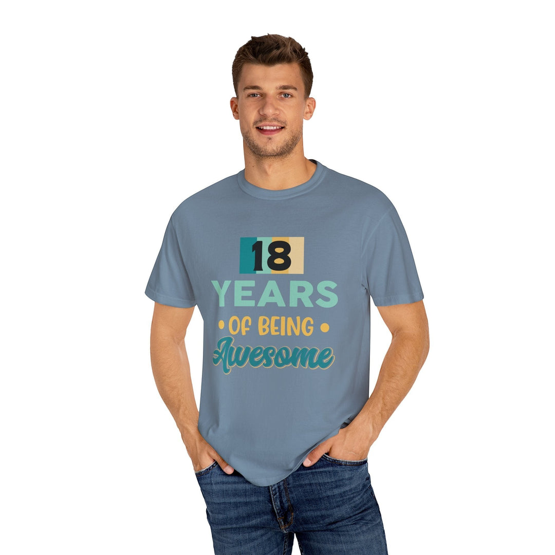 Sea Dragon Dreams unisex 18th birthday t-shirt in blue cotton with 18 years of being awesome graphic print