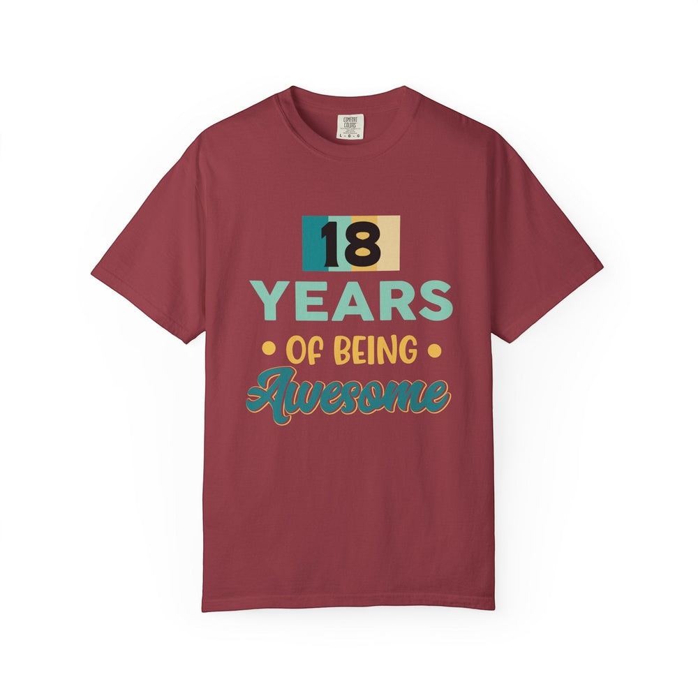 Sea Dragon Dreams unisex 18th birthday t-shirt in maroon cotton with retro 18 Years Of Being Awesome graphic print