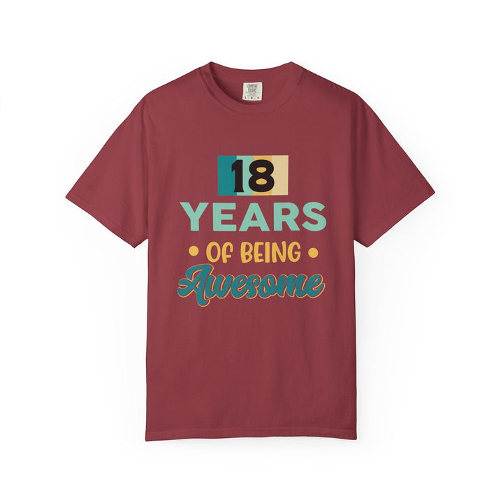 Sea Dragon Dreams unisex 18th birthday t-shirt in maroon cotton with retro 18 Years Of Being Awesome graphic print