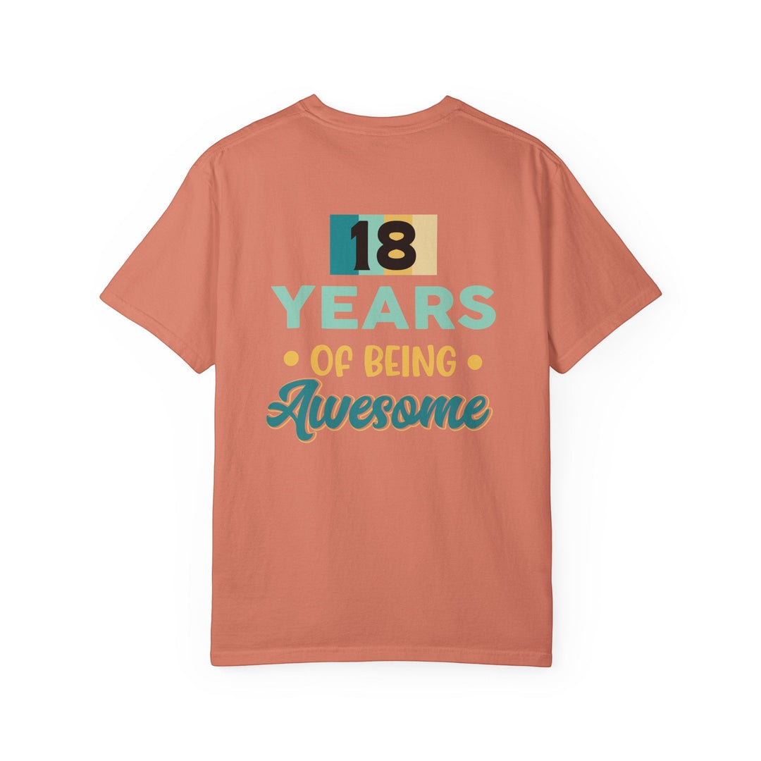 Sea Dragon Dreams unisex 18th birthday t-shirt in coral cotton with retro 18 years of being awesome graphic print