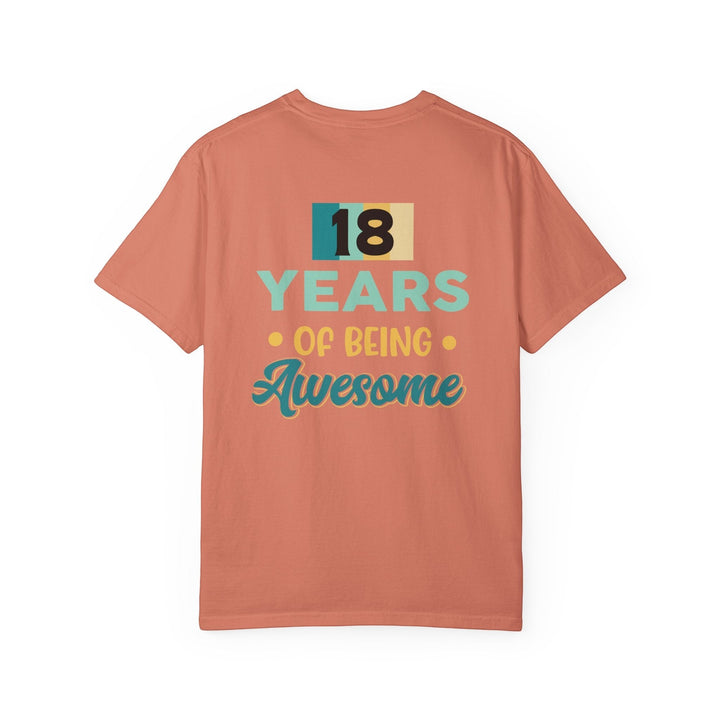 Sea Dragon Dreams unisex 18th birthday t-shirt in coral cotton with retro 18 years of being awesome graphic print