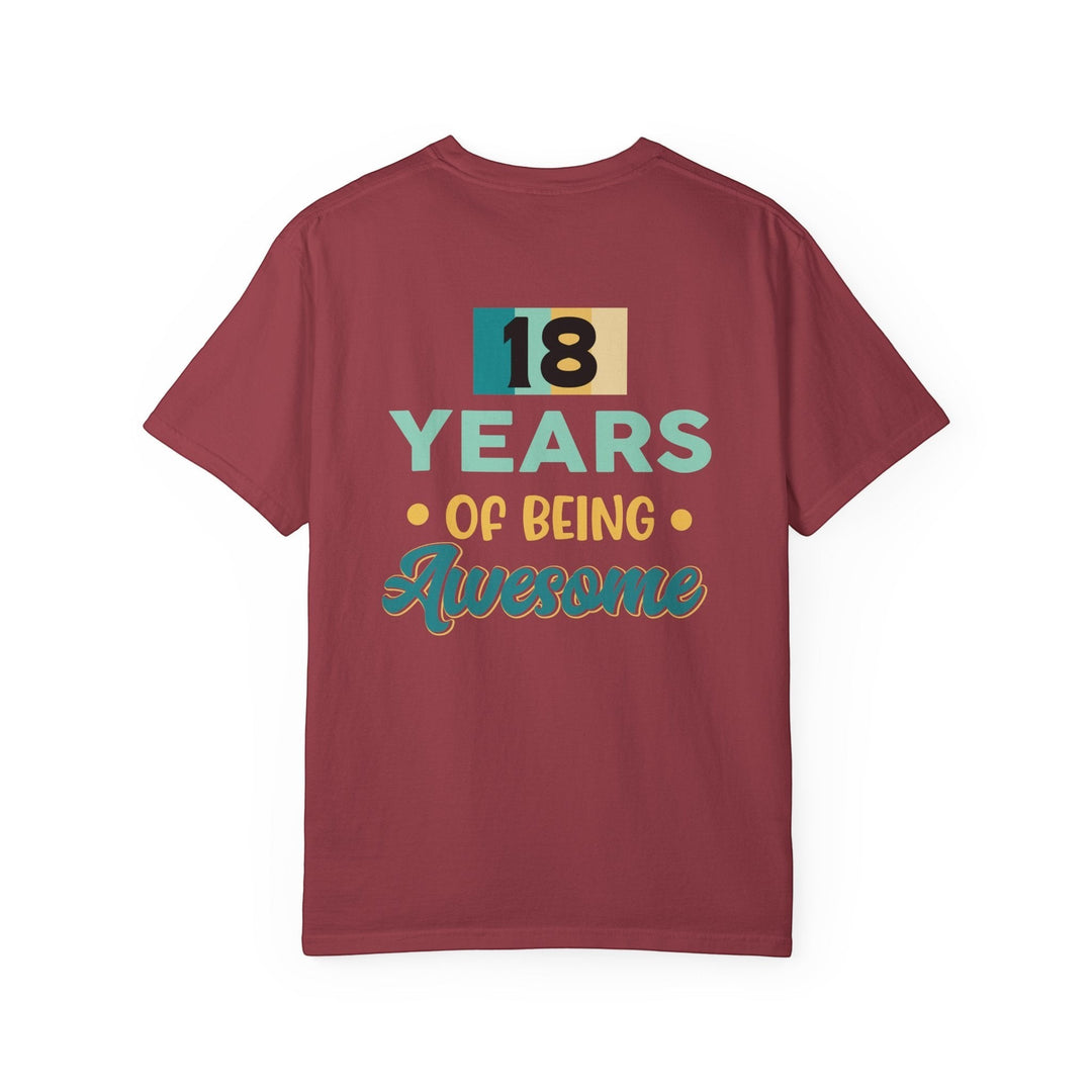 Sea Dragon Dreams unisex 18th birthday t-shirt in maroon cotton with retro 18 Years Of Being Awesome graphic print
