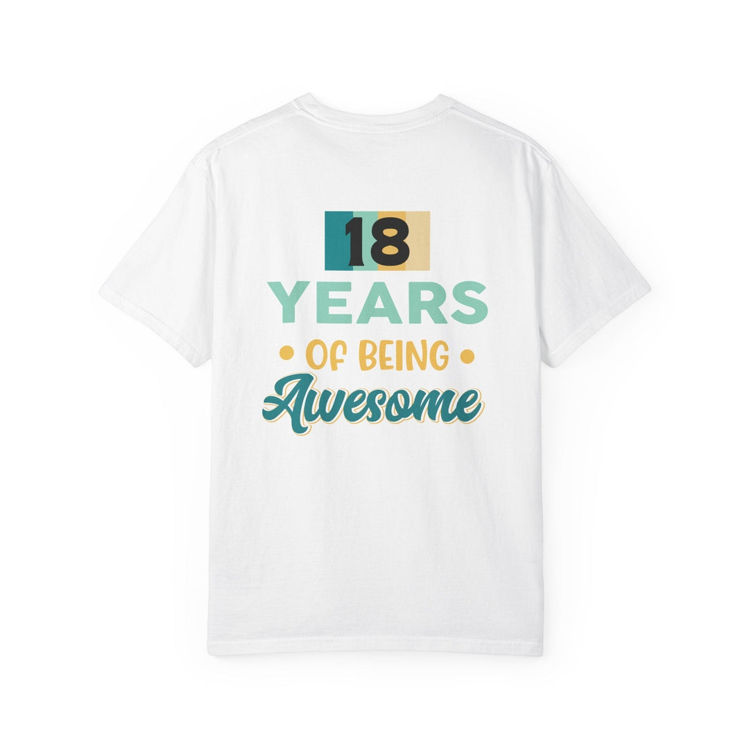 Sea Dragon Dreams white unisex 18th birthday t-shirt with 18 Years of Being Awesome graphic print on the back
