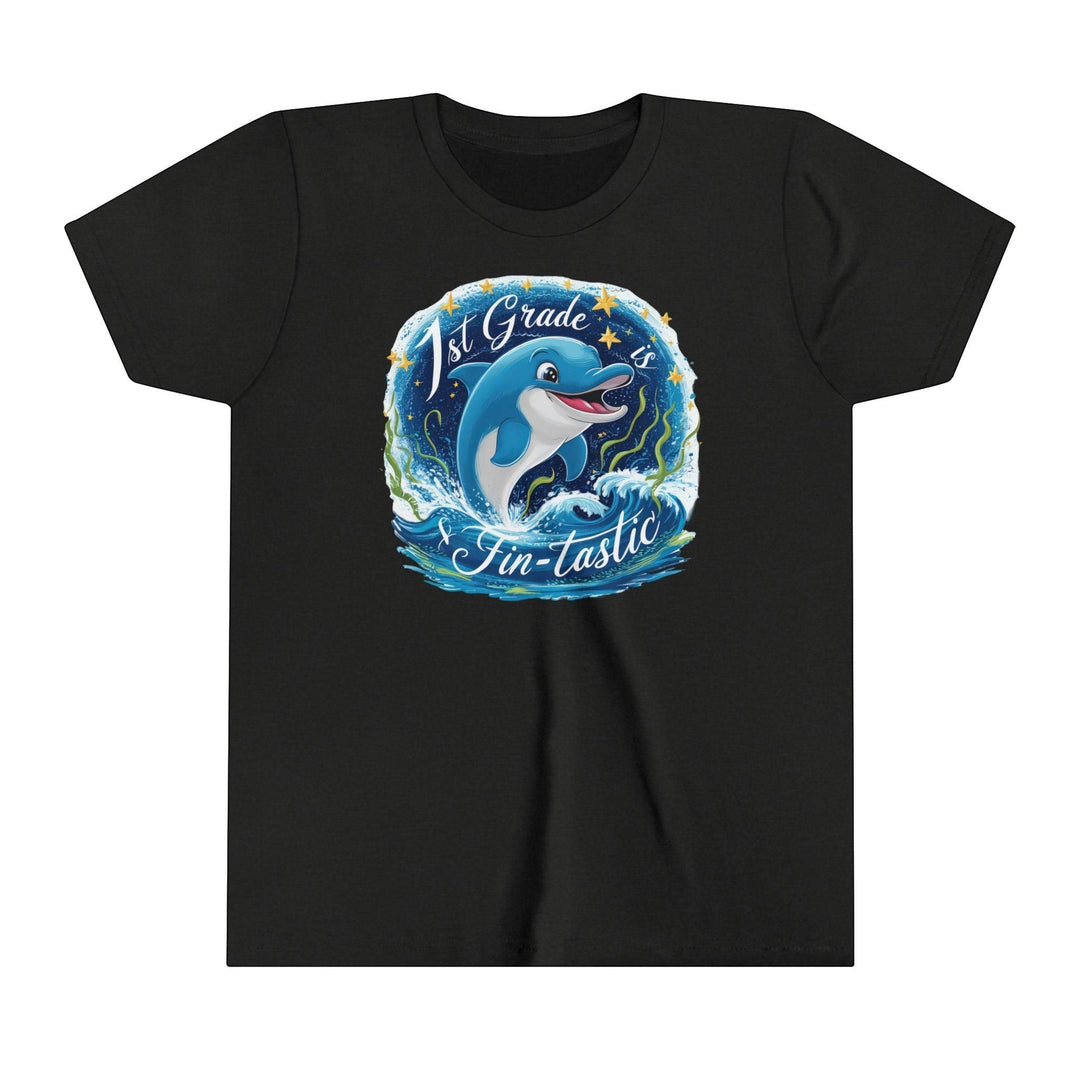 Sea Dragon Dreams black youth short sleeve cotton t-shirt with a 1st Grade Fintastic dolphin graphic on the front.