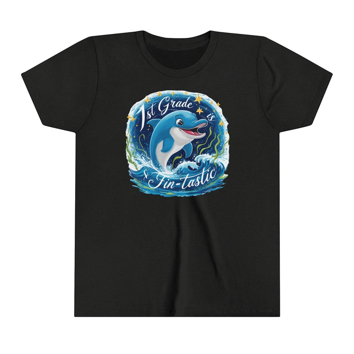 Sea Dragon Dreams black youth short sleeve cotton t-shirt with a 1st Grade Fintastic dolphin graphic on the front.