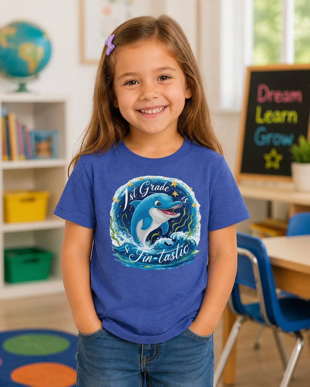 Sea Dragon Dreams blue youth t-shirt with a 1st Grade Fintastic dolphin graphic worn by a smiling young girl.