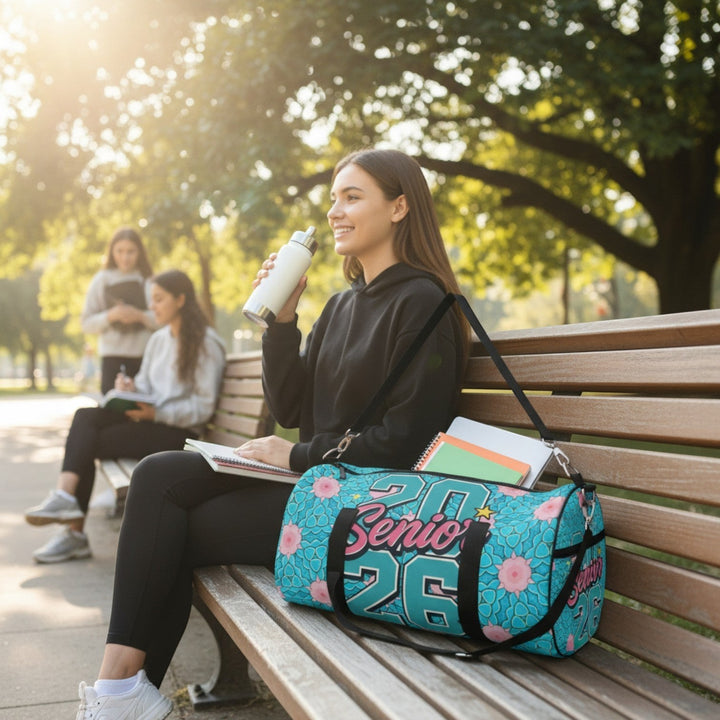 Sea Dragon Dreams 2026 Graduate duffel bag with blue floral pattern on a park bench next to a student drinking water.
