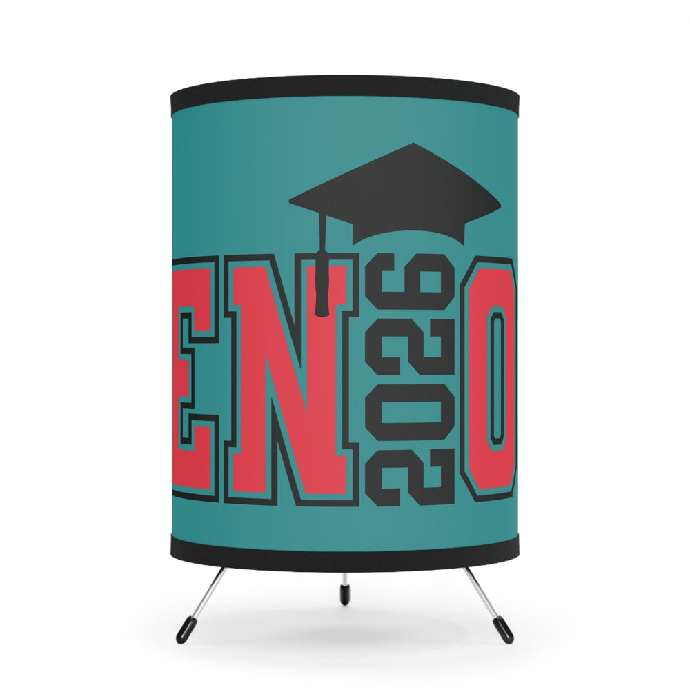 Sea Dragon Dreams 2026 graduation tripod lamp with a teal shade, red lettering, and a black mortarboard cap design.