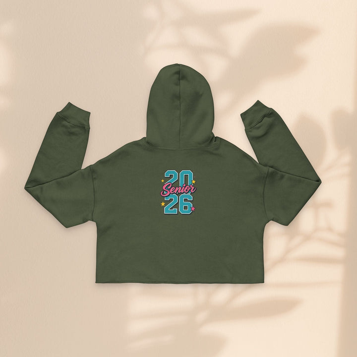 Sea Dragon Dreams olive green cropped hoodie with Class of 2026 senior graphic on the back, raw hem, cotton blend.