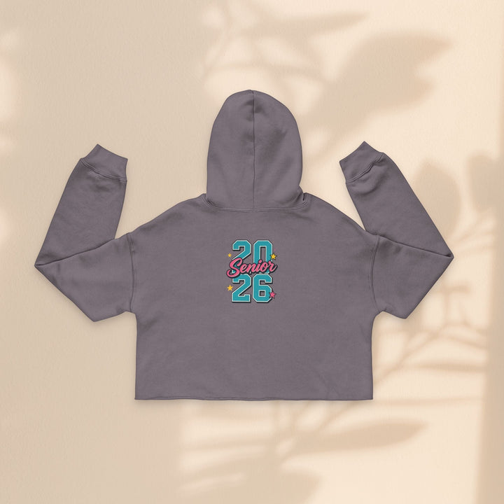 Sea Dragon Dreams grey cropped hoodie with Class of 2026 senior graphic on the back, soft cotton-poly fleece blend.
