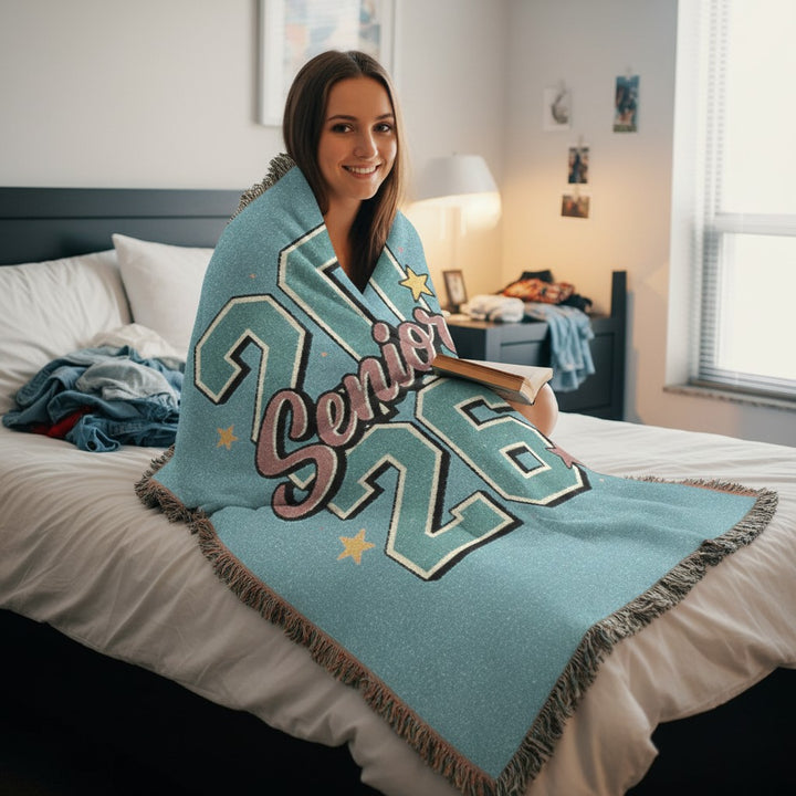 Sea Dragon Dreams 2026 senior woven cotton throw blanket with fringed edges draped over a student in a bedroom.