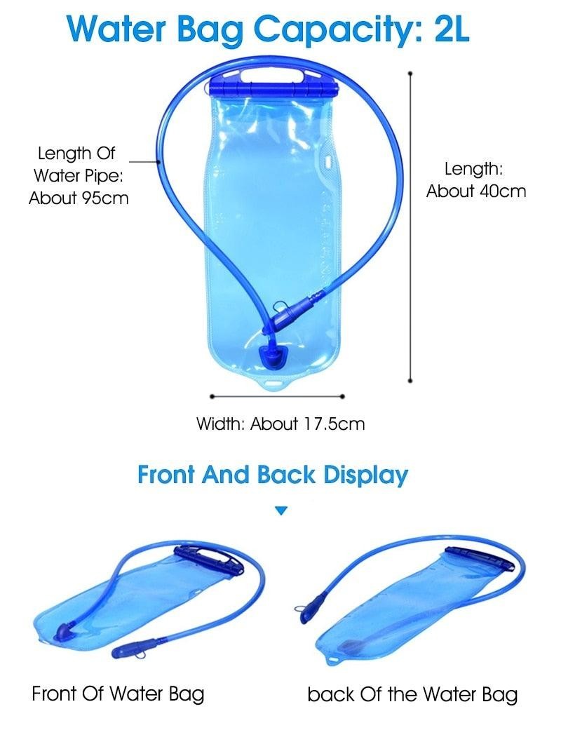 Sea Dragon Dreams 2L hydration bladder with blue tube and bite valve, shown from front and back with dimensions.