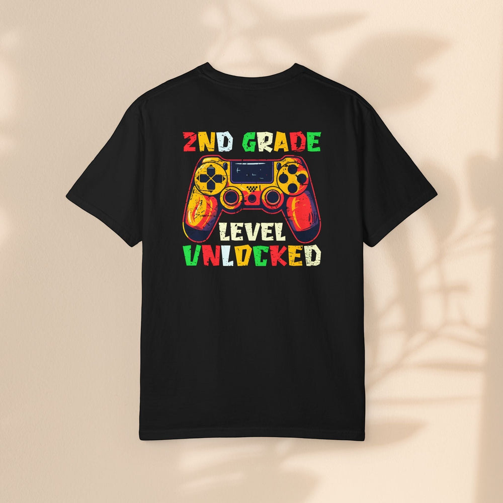 Sea Dragon Dreams black cotton t-shirt featuring a colorful 2nd Grade Level Unlocked video game controller graphic.