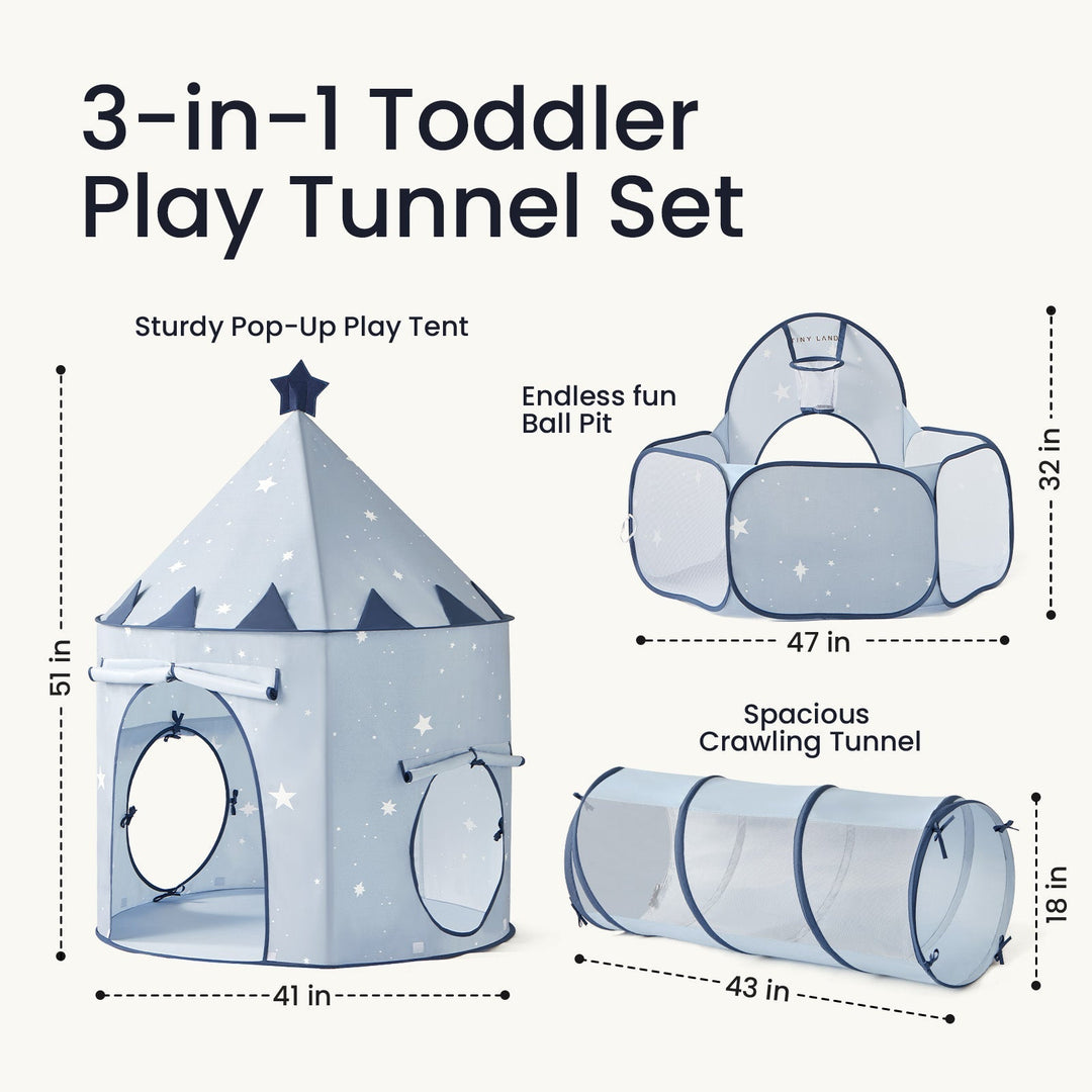 Sea Dragon Dreams Tiny Land 3-in-1 blue play tent, ball pit, and tunnel set with star patterns and mesh ventilation.