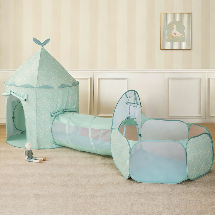 Sea Dragon Dreams 3-in-1 play tunnel set in light blue with floral patterns, featuring a tent, tunnel, and ball pit.