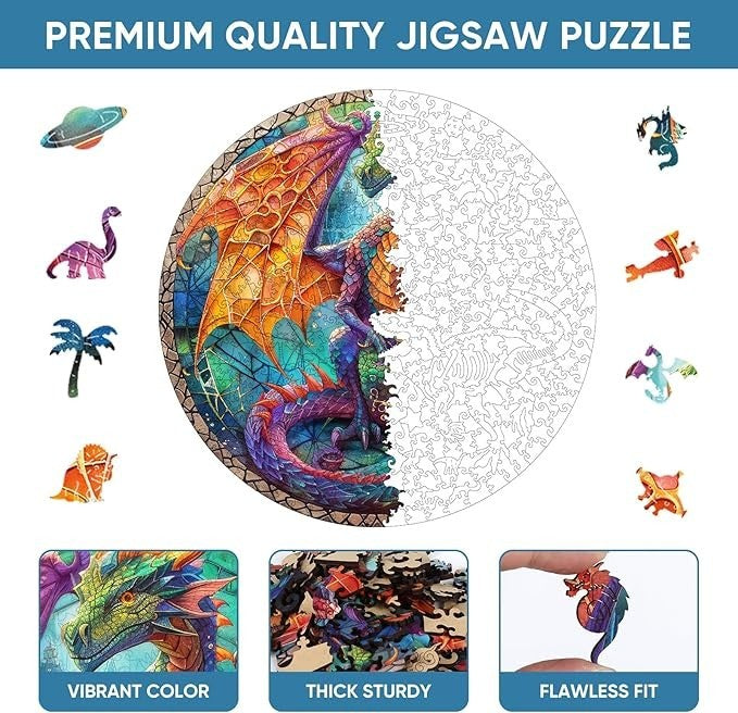 Sea Dragon Dreams 500-piece 3D wooden jigsaw puzzle featuring vibrant dragon fantasy art and uniquely shaped pieces.