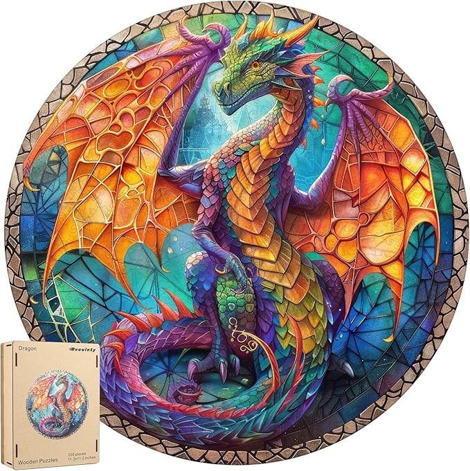 Sea Dragon Dreams 500-piece circular wooden jigsaw puzzle featuring a vibrant, multi-colored dragon with 3D vision effect.