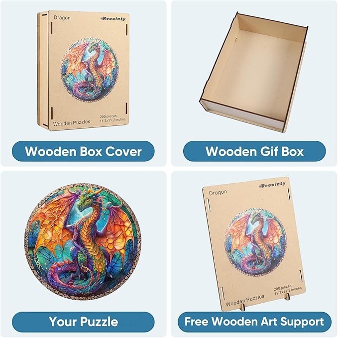 Sea Dragon Dreams 500-piece 3D dragon wooden jigsaw puzzle with unique shaped pieces and display stand in gift box.
