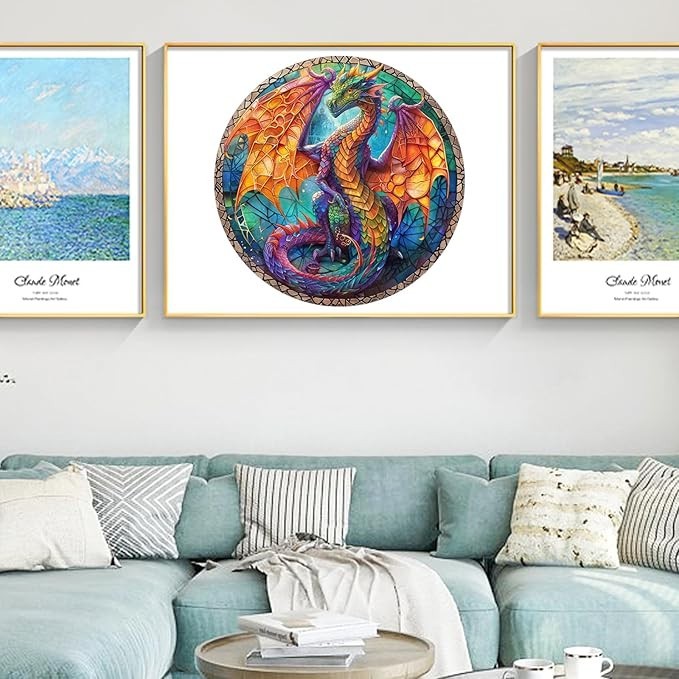 Sea Dragon Dreams 500-piece 3D dragon wooden jigsaw puzzle displayed as framed wall art above a modern living room sofa.