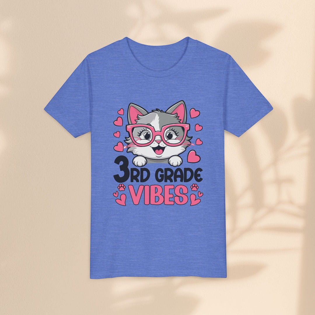 Sea Dragon Dreams youth t-shirt in heather blue with a cute cat wearing pink glasses and 3rd Grade Vibes graphic.