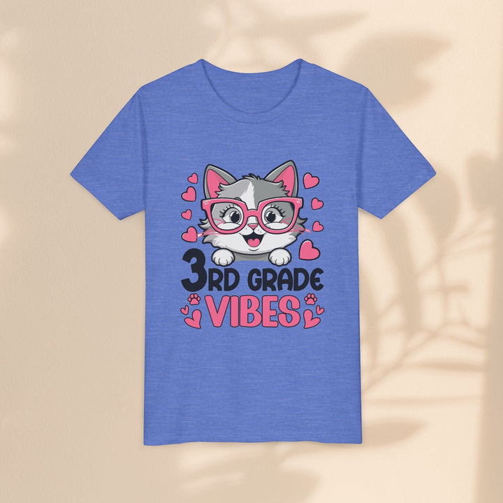 Sea Dragon Dreams youth t-shirt in heather blue with a cute cat wearing pink glasses and 3rd Grade Vibes graphic.