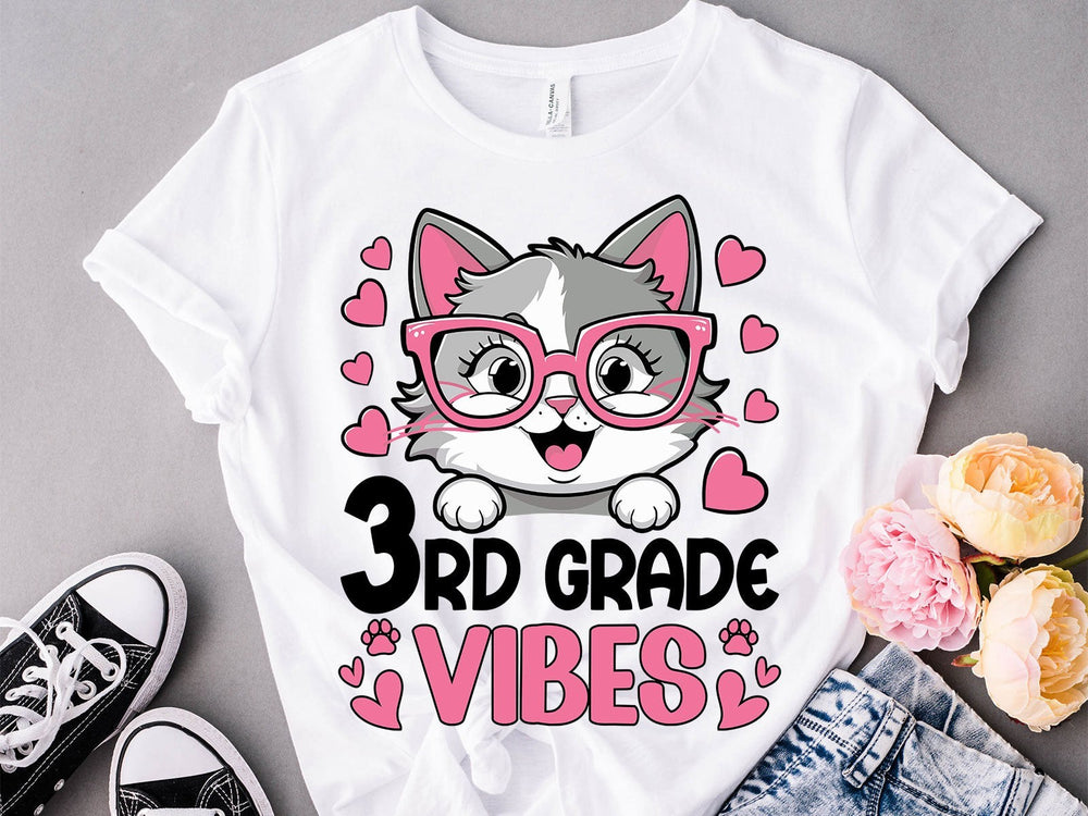 Sea Dragon Dreams white youth t-shirt featuring a cute cat with pink glasses and 3rd Grade Vibes text with hearts.