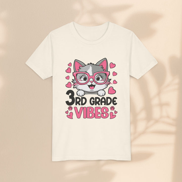 Sea Dragon Dreams youth t-shirt featuring a cute cat wearing pink glasses with 3rd Grade Vibes text and hearts