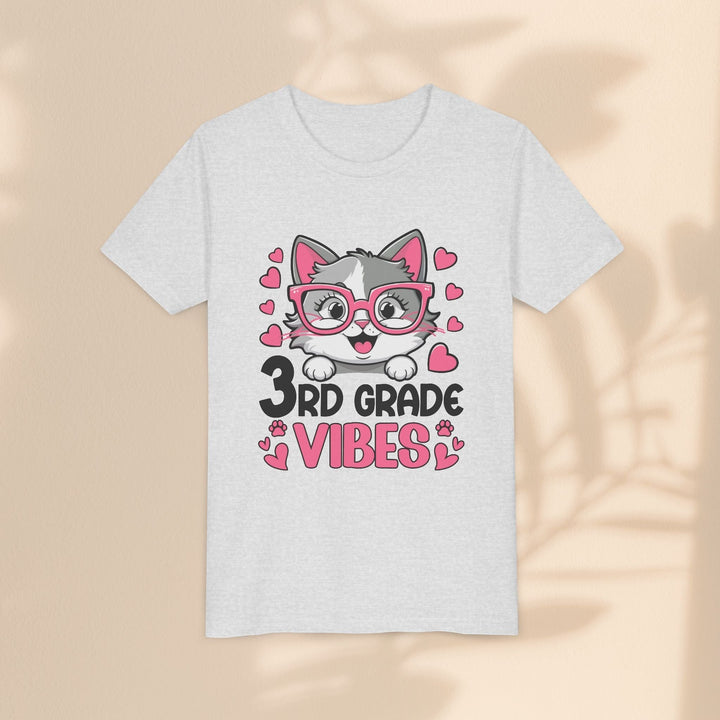 Sea Dragon Dreams youth t-shirt in heather grey featuring a cute cat wearing pink glasses and 3rd Grade Vibes text.