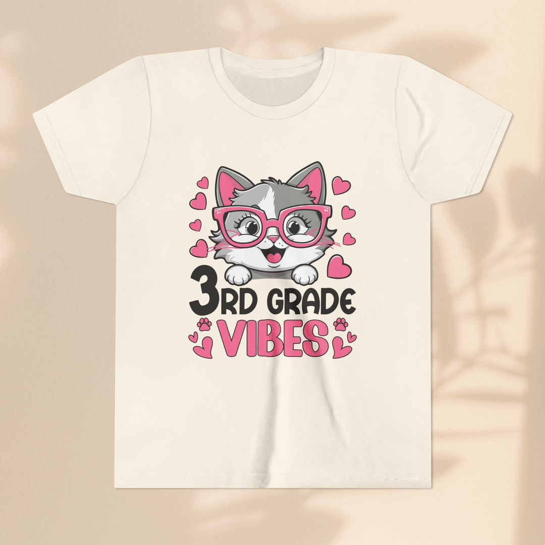 Sea Dragon Dreams youth t-shirt featuring a cute cat wearing pink glasses with 3rd Grade Vibes text and hearts.