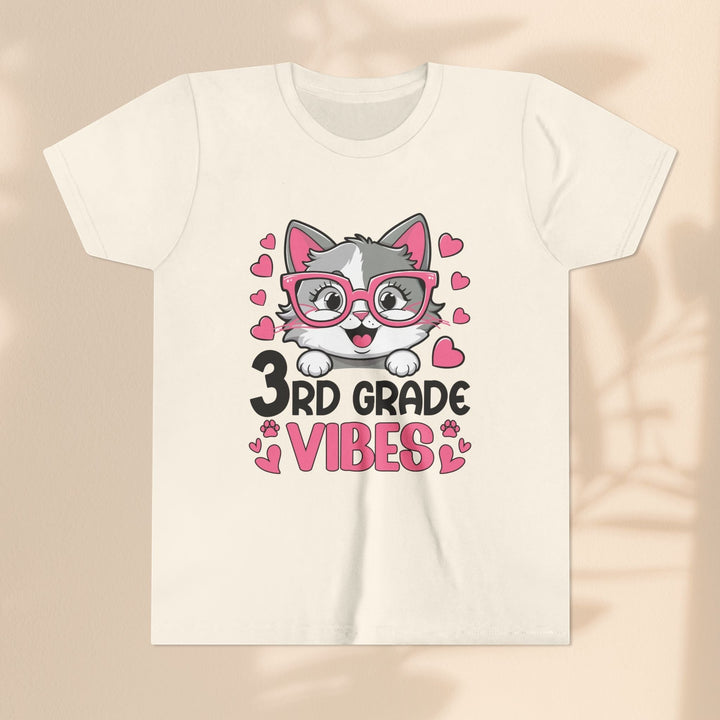 Sea Dragon Dreams youth t-shirt featuring a cute cat wearing pink glasses with 3rd Grade Vibes text and hearts.