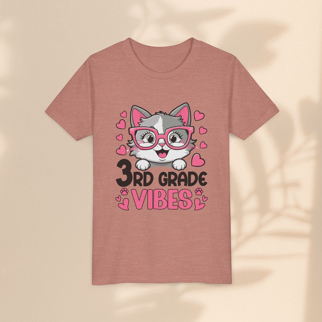 Sea Dragon Dreams youth t-shirt in dusty rose featuring a cute cat wearing pink glasses and 3rd Grade Vibes graphic