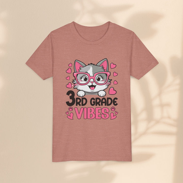 Sea Dragon Dreams youth t-shirt in dusty rose featuring a cute cat wearing pink glasses and 3rd Grade Vibes graphic
