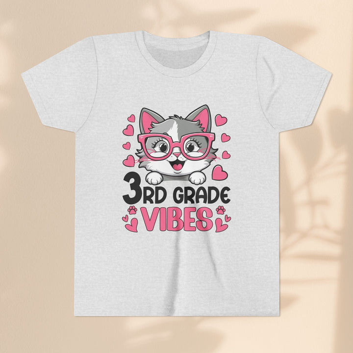 Sea Dragon Dreams youth t-shirt featuring a cute cat in pink glasses with 3rd Grade Vibes text on light grey cotton.