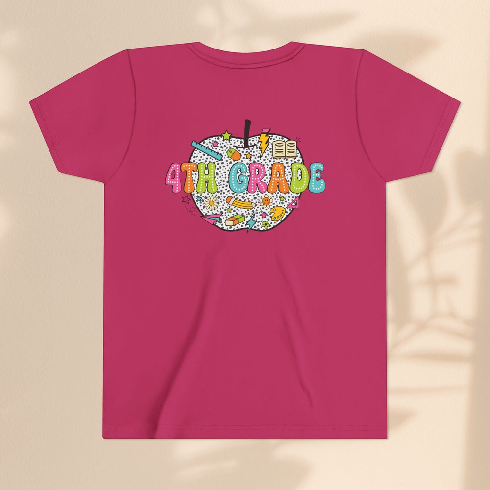 Sea Dragon Dreams youth t-shirt in dark pink with a 4th Grade apple graphic featuring school supplies and patterns.