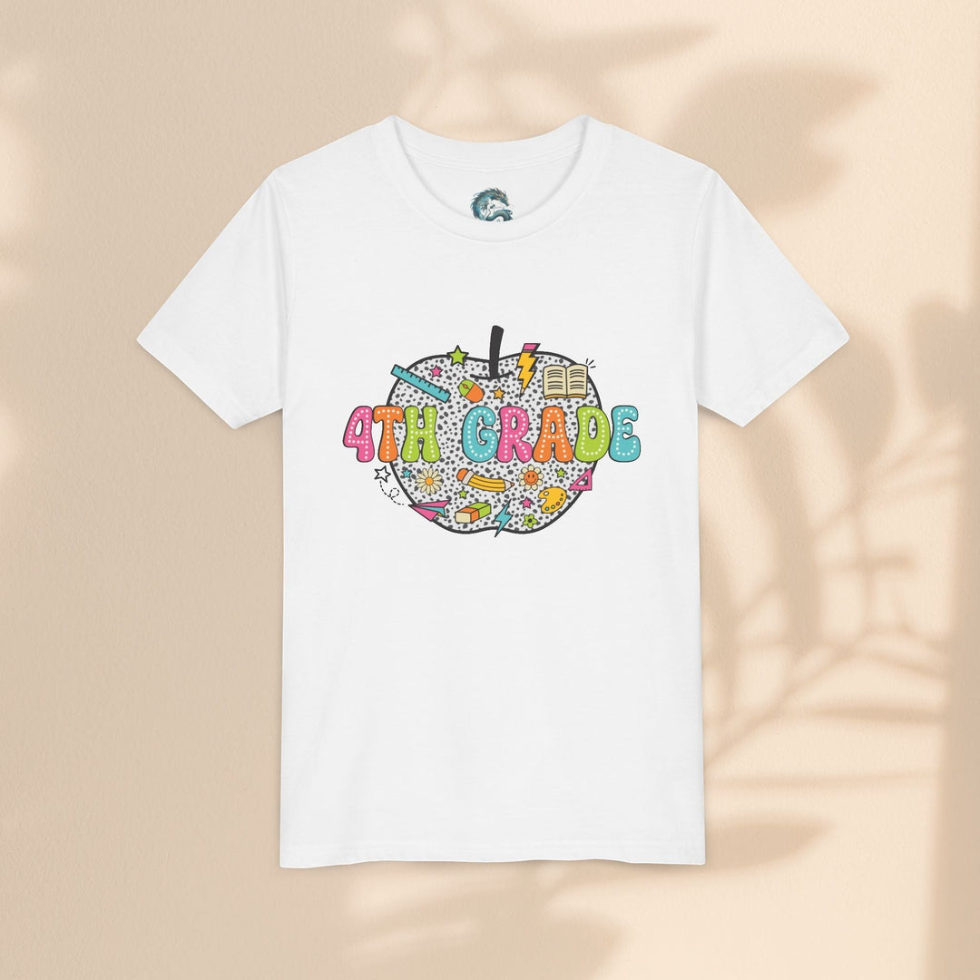 Sea Dragon Dreams white youth t-shirt with a colorful 4th grade apple graphic featuring school supplies.