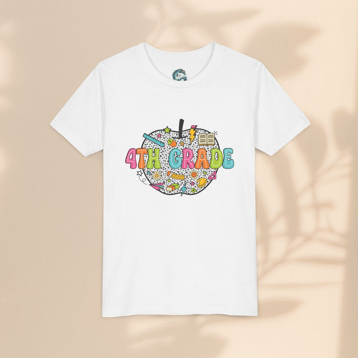 Sea Dragon Dreams white youth t-shirt with a colorful 4th grade apple graphic featuring school supplies.