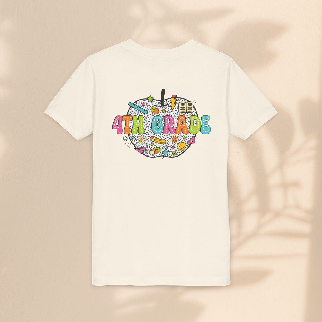Sea Dragon Dreams 4th grade youth t-shirt in cream cotton with a colorful apple graphic on the back