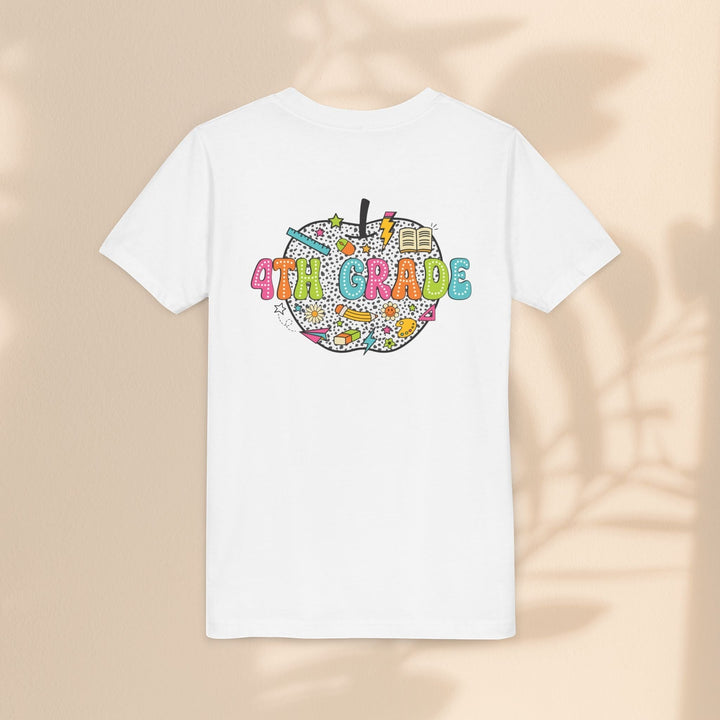 Sea Dragon Dreams white youth t-shirt with a colorful 4th grade apple graphic featuring school supplies on the back