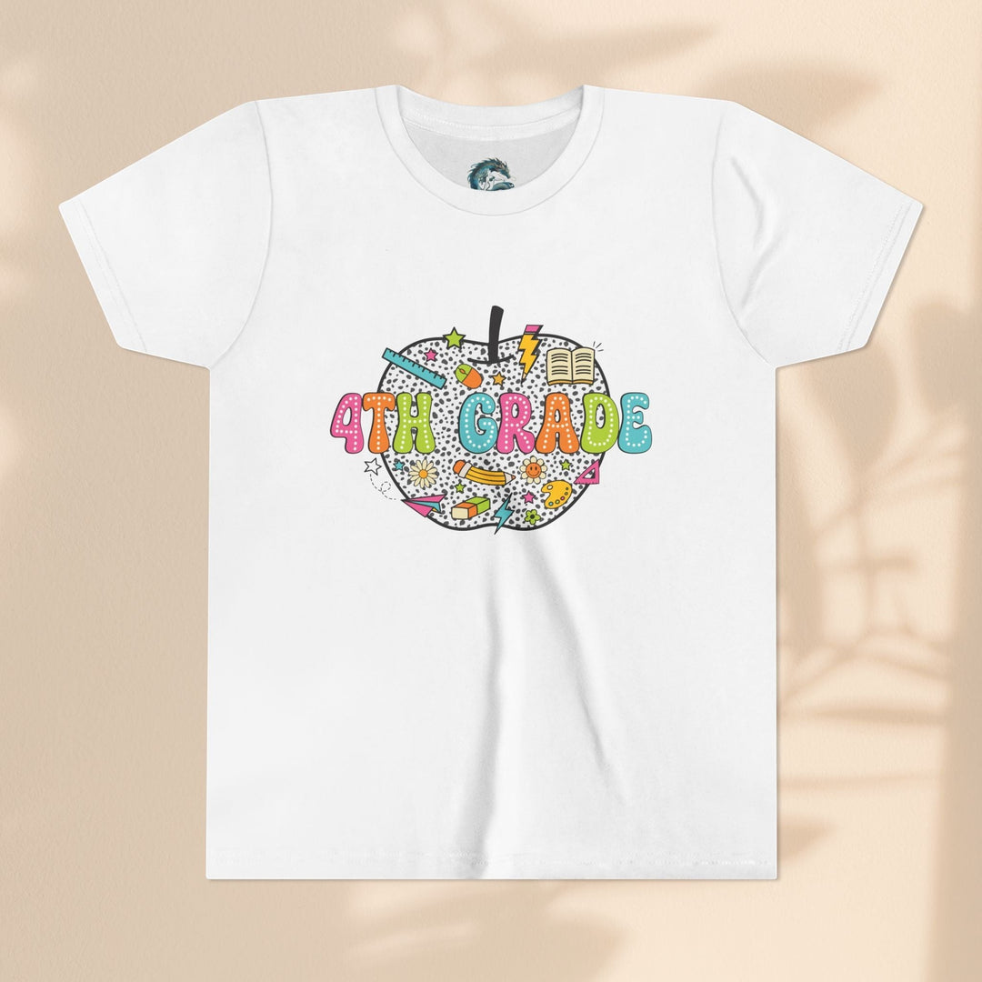 Sea Dragon Dreams white youth t-shirt with a colorful 4th Grade apple graphic featuring school supplies.