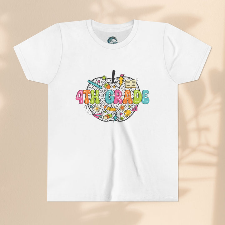 Sea Dragon Dreams white youth t-shirt with a colorful 4th Grade apple graphic featuring school supplies.