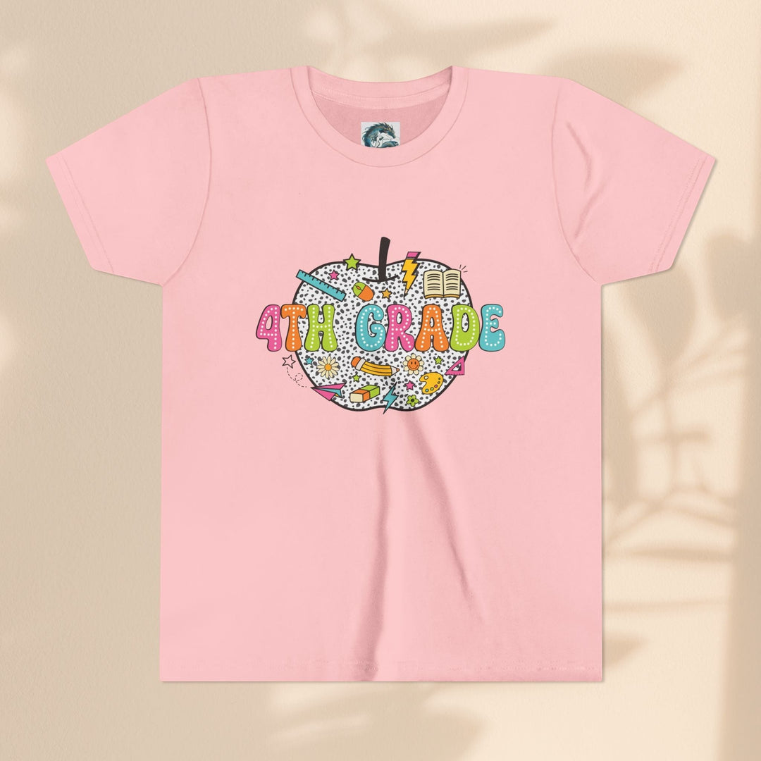 Sea Dragon Dreams light pink youth t-shirt with a 4th grade apple graphic featuring school supplies and patterns.