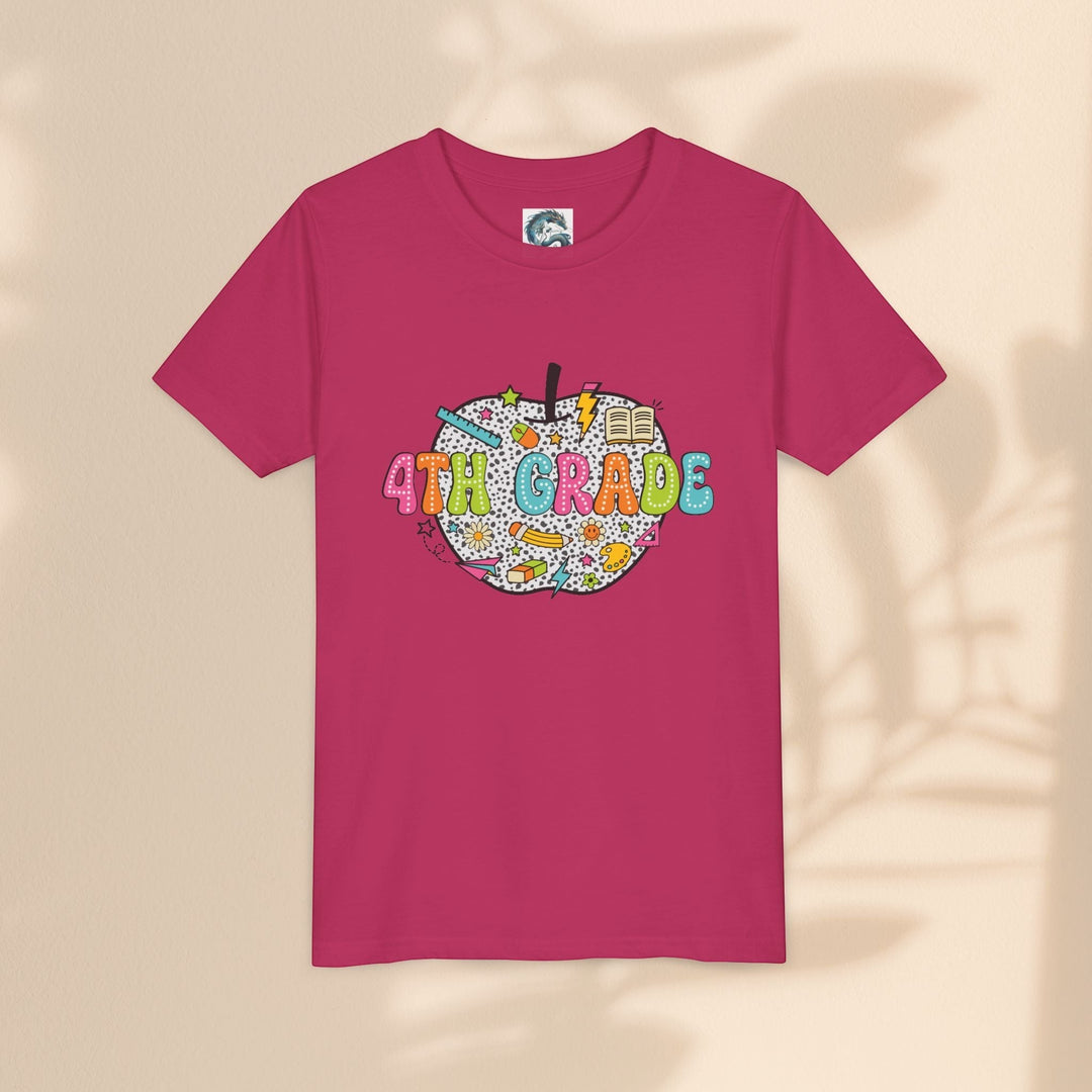 Sea Dragon Dreams 4th grade youth t-shirt in dark pink cotton with a colorful school-themed apple graphic print.