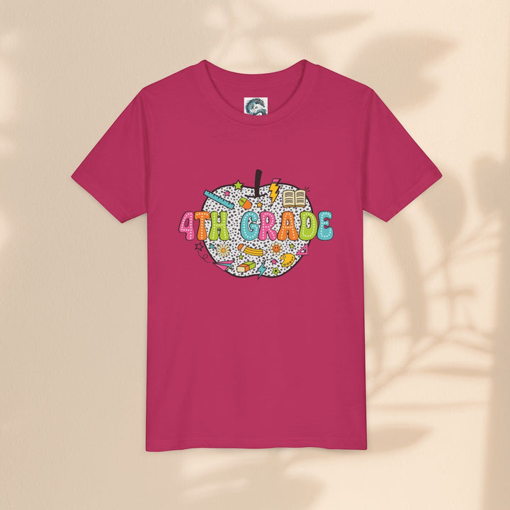 Sea Dragon Dreams 4th grade youth t-shirt in dark pink cotton with a colorful school-themed apple graphic print.