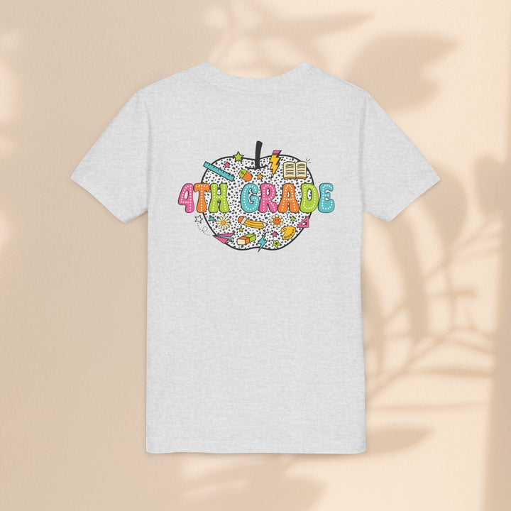 Sea Dragon Dreams 4th grade youth t-shirt in heather grey cotton with a colorful apple graphic back print.
