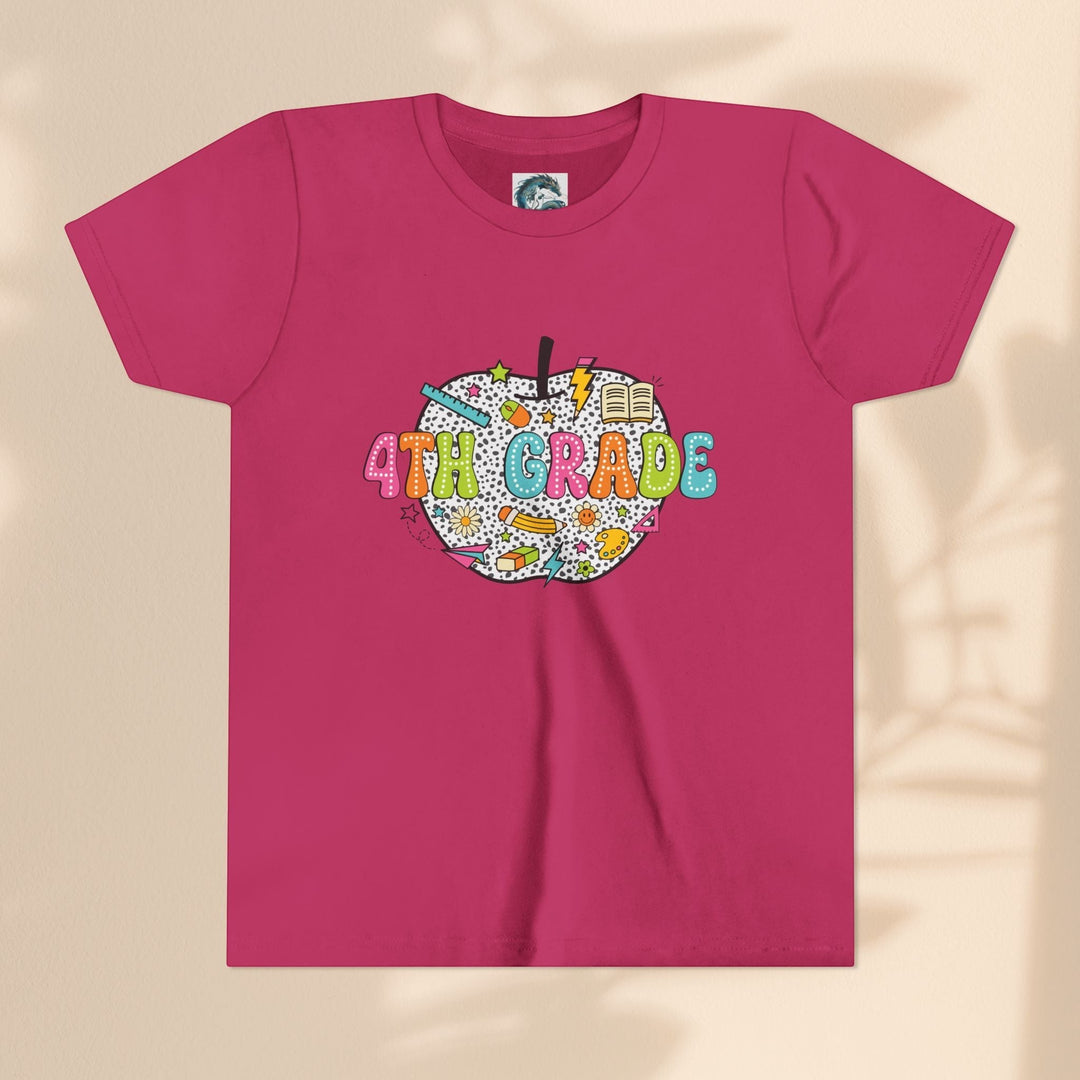 Sea Dragon Dreams youth t-shirt in dark pink with a 4th grade apple graphic featuring school supplies and patterns.