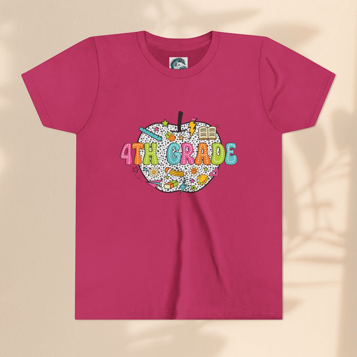 Sea Dragon Dreams youth t-shirt in dark pink with a 4th grade apple graphic featuring school supplies and patterns.