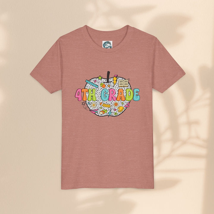 Sea Dragon Dreams 4th grade youth t-shirt in mauve with a colorful apple graphic featuring school supplies.