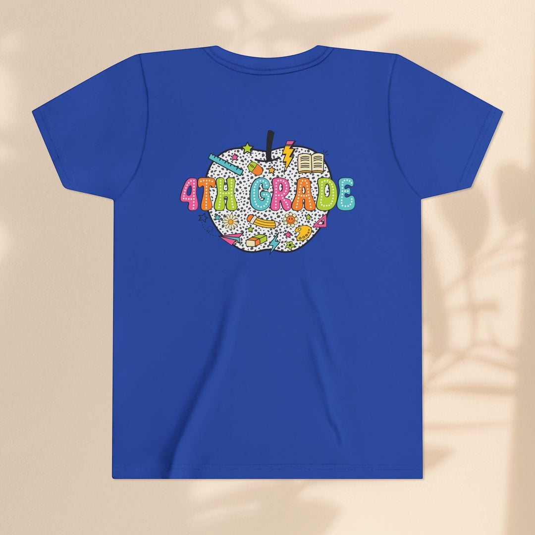 Sea Dragon Dreams blue youth t-shirt featuring a 4th grade apple graphic with school supplies on the back.